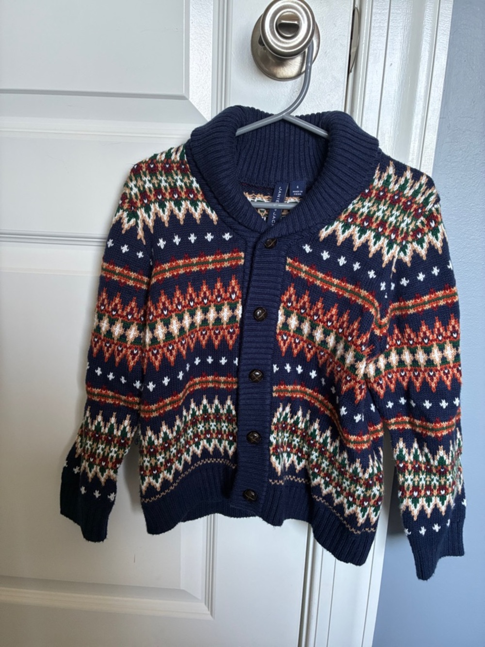 Janie and Jack Shawl Collar Navy Fair Isle Button-Up Sweater